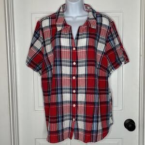 Erika Women's Red White and Blue Plaid Short Sleeve Button-Up Shirt - 2X NWT